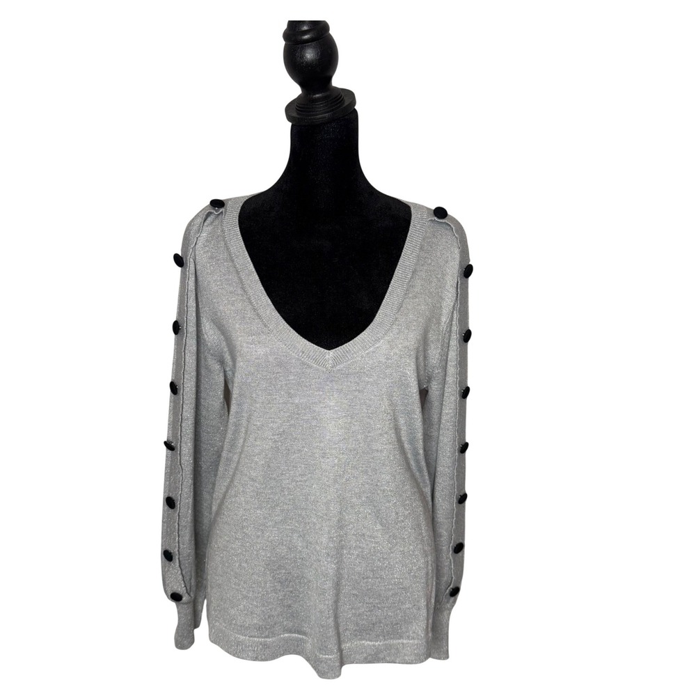 Karl Lagerfeld Metallic Silver Sweater Size M Sparkly Shimmer Button Sleeves